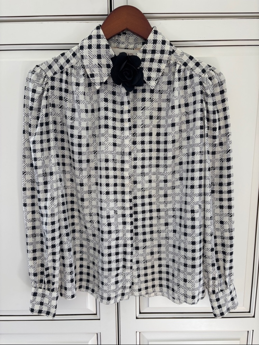 St. John Black and White Gingham Silk Blouse with Floral Brooch
